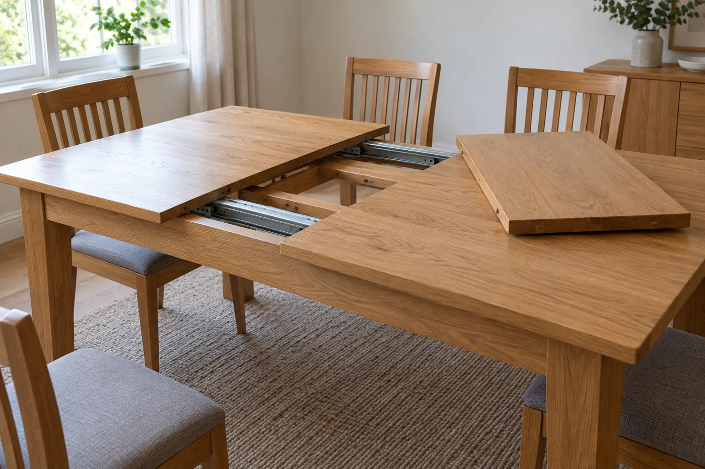 Extendable dining table with exposed rails and a separate extension leaf