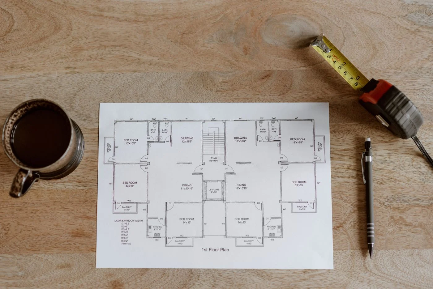 Room plan with measuring tape and pen