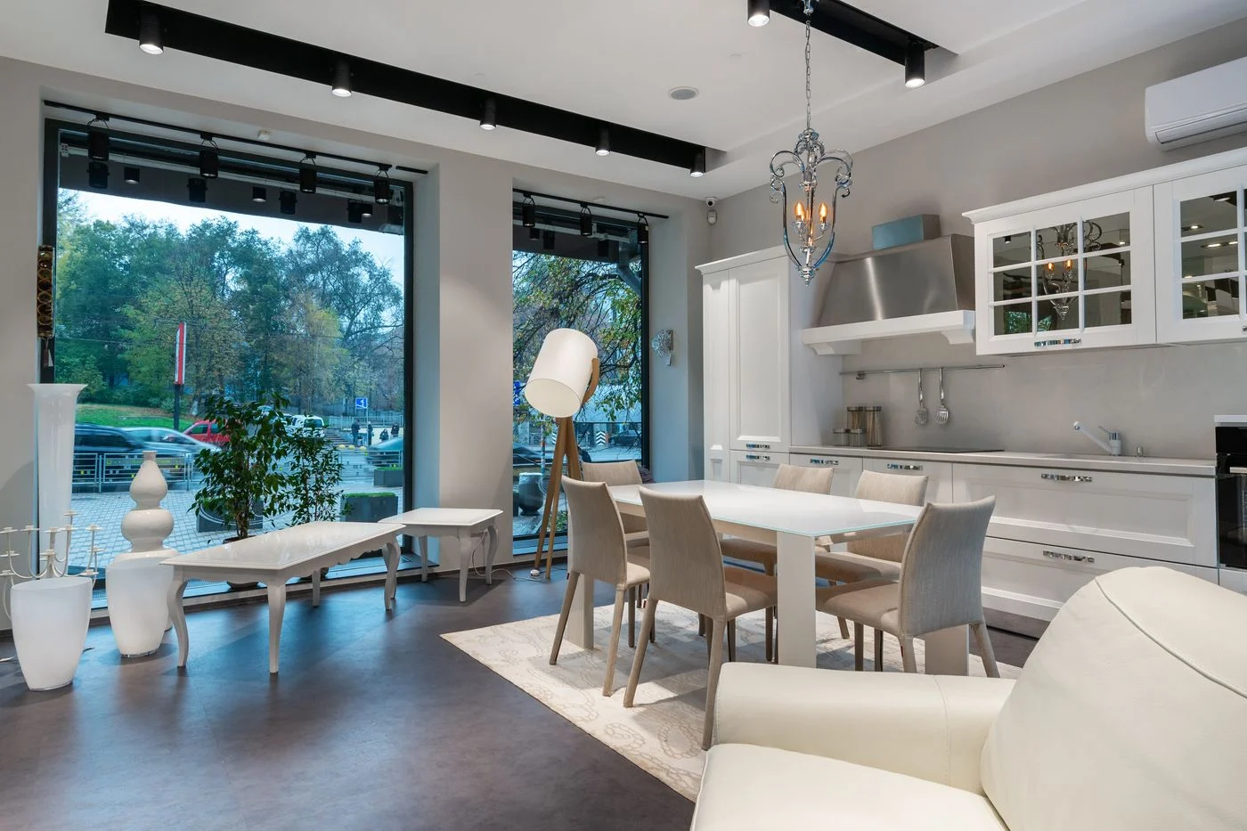 Open kitchen connected to a sofa area