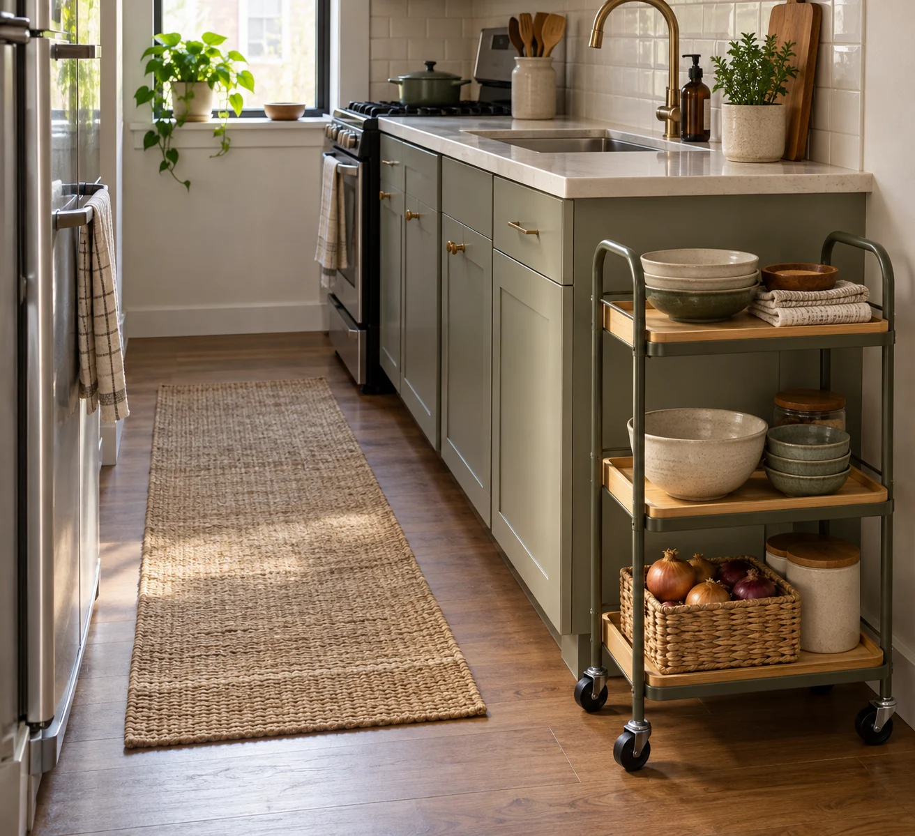 Three-tier trolley holding bowls and onions beside a kitchen counter