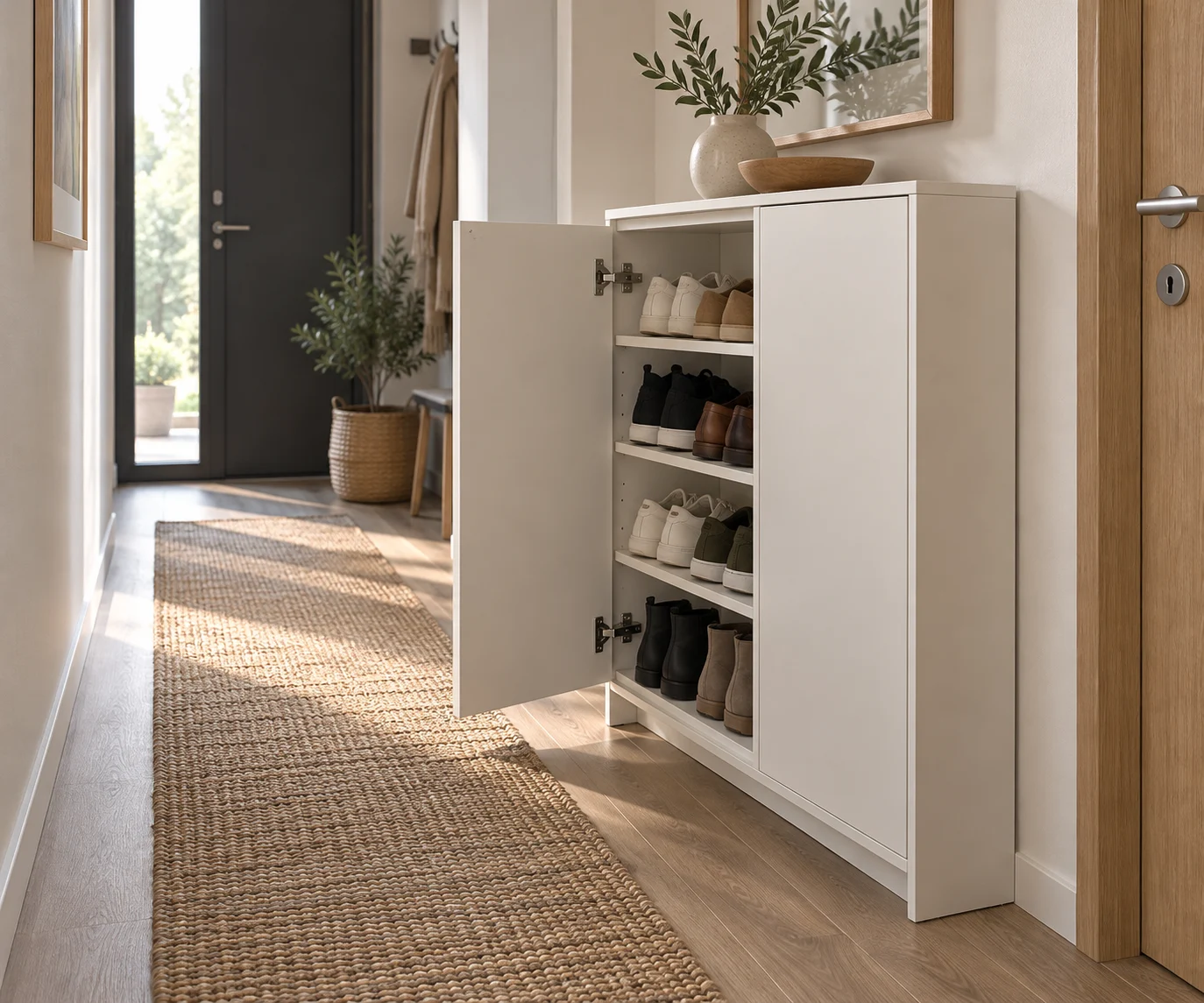 White shoe cabinet with an open door showing shoes in a narrow hallway