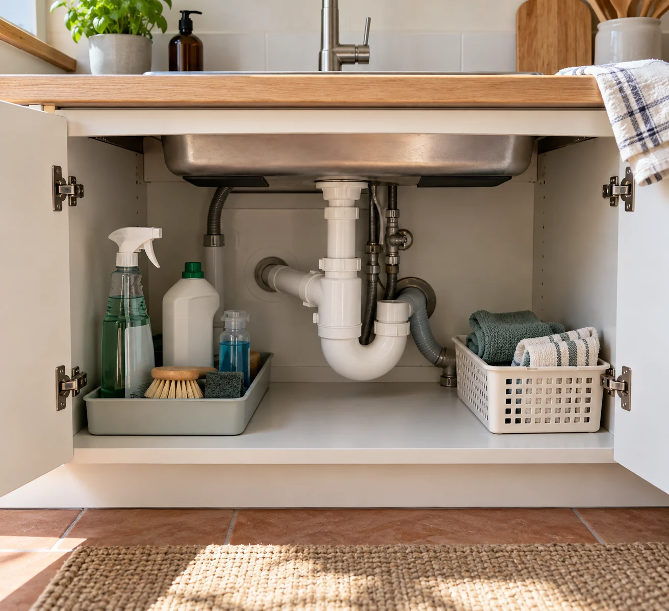 Open cupboard beneath a sink with cleaning supplies clear of the plumbing