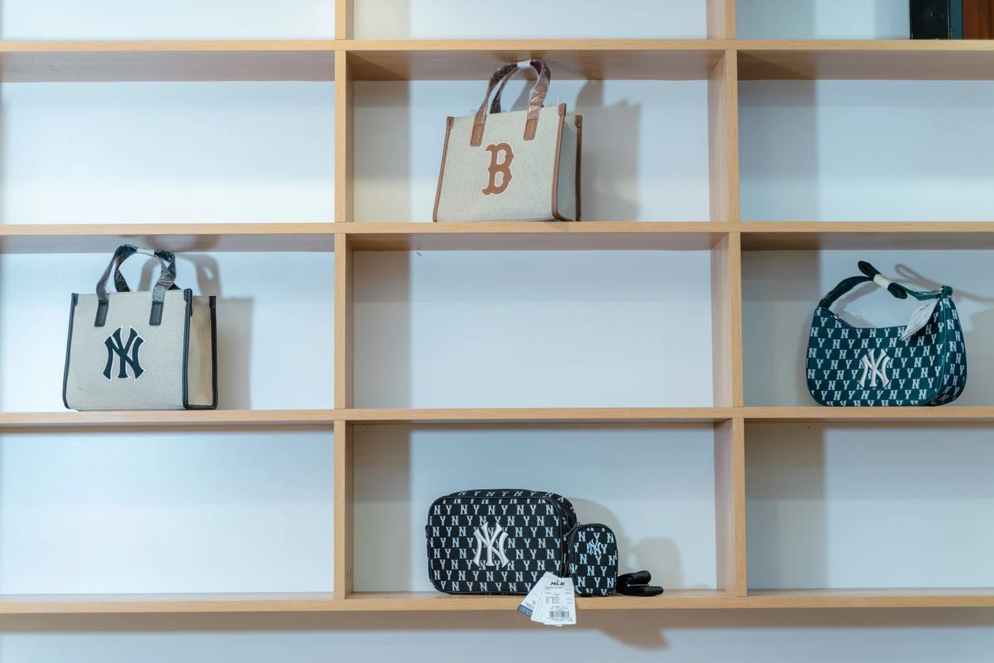 Handbags standing on separate shelves