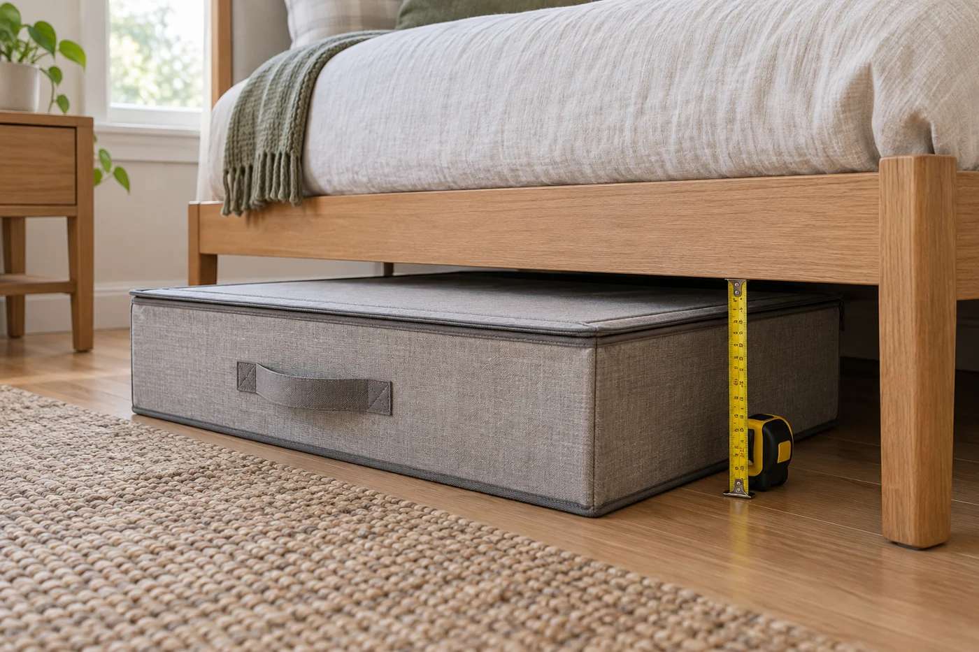 Low storage box partially pulled from beneath a bed