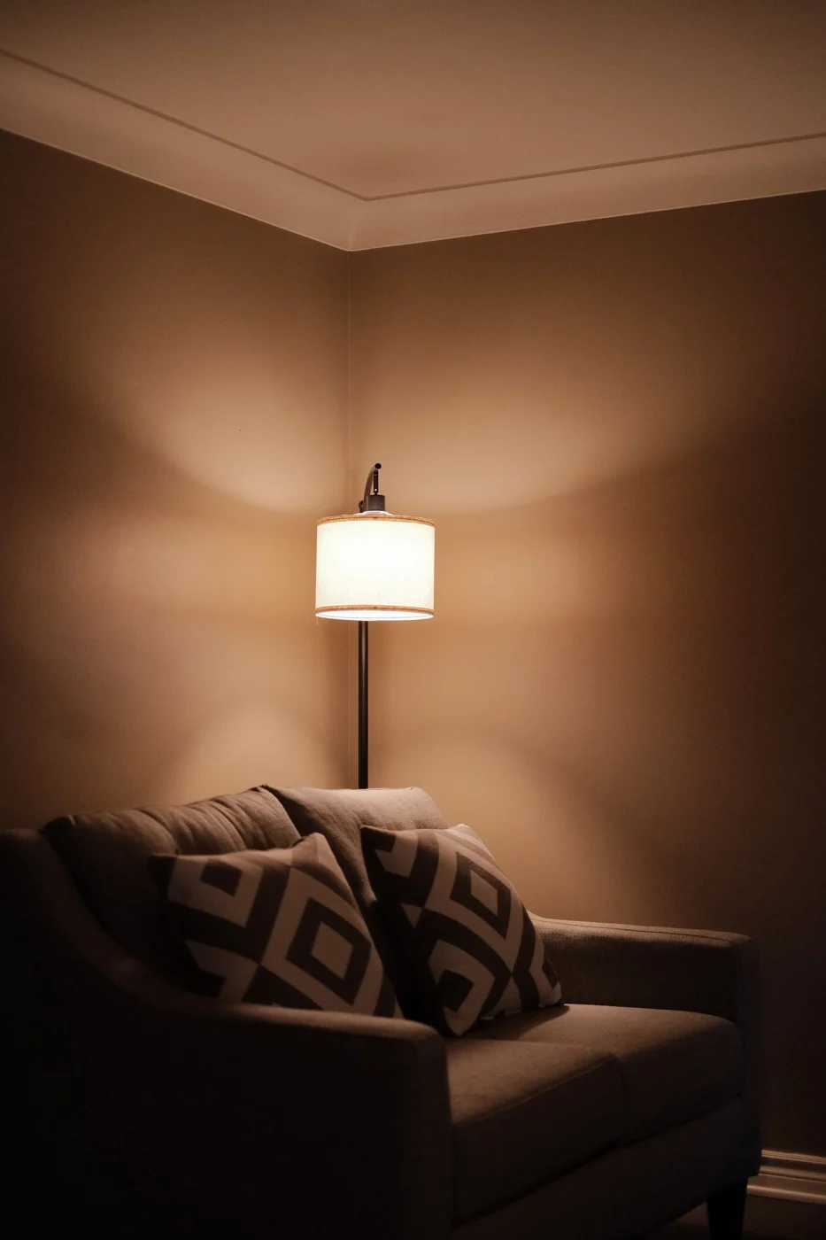 Reading lamp beside a sofa in a room corner