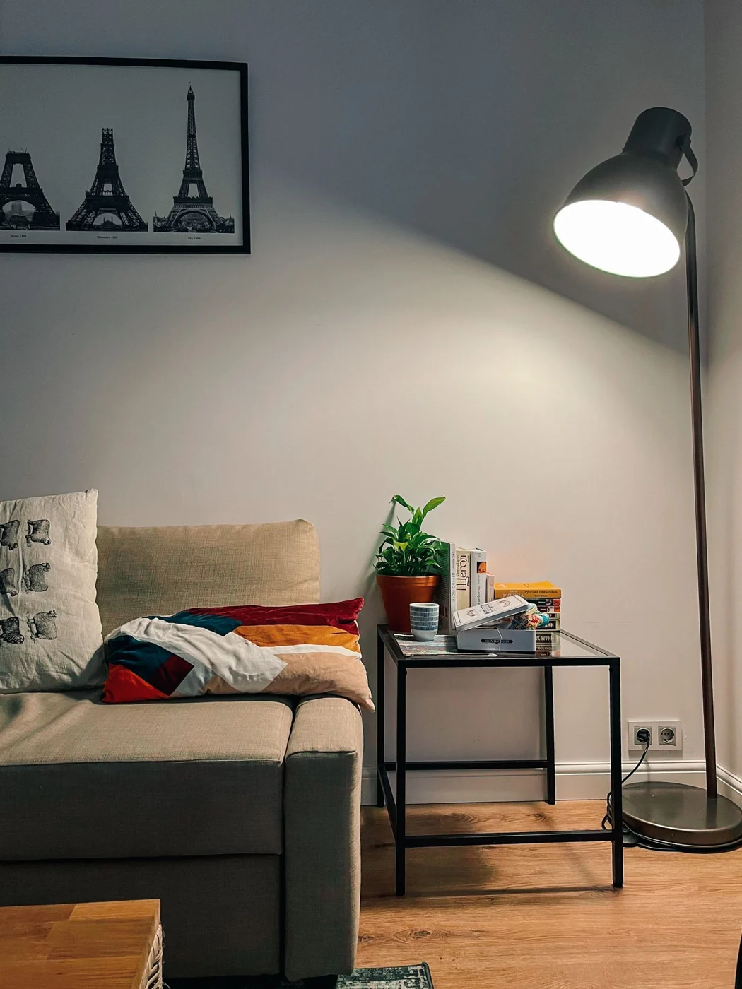 Floor lamp beside a sofa and side table