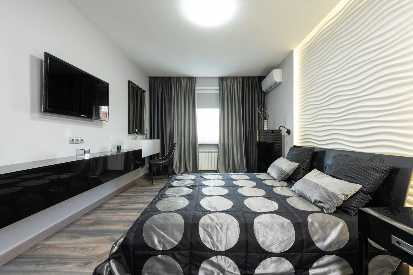 Bedroom window with dark curtains