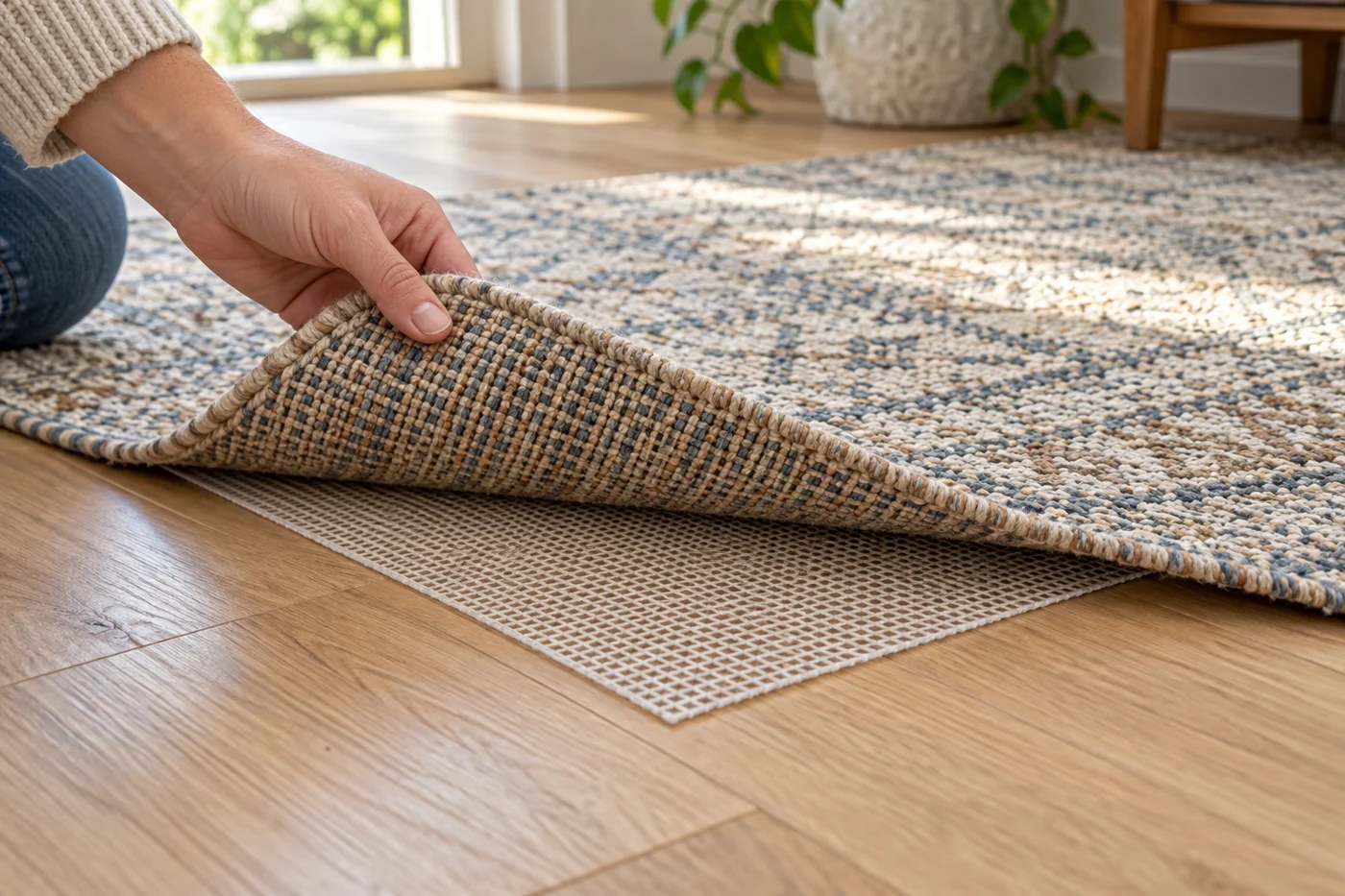 Rug corner lifted to show a non-slip underlay on a wooden floor