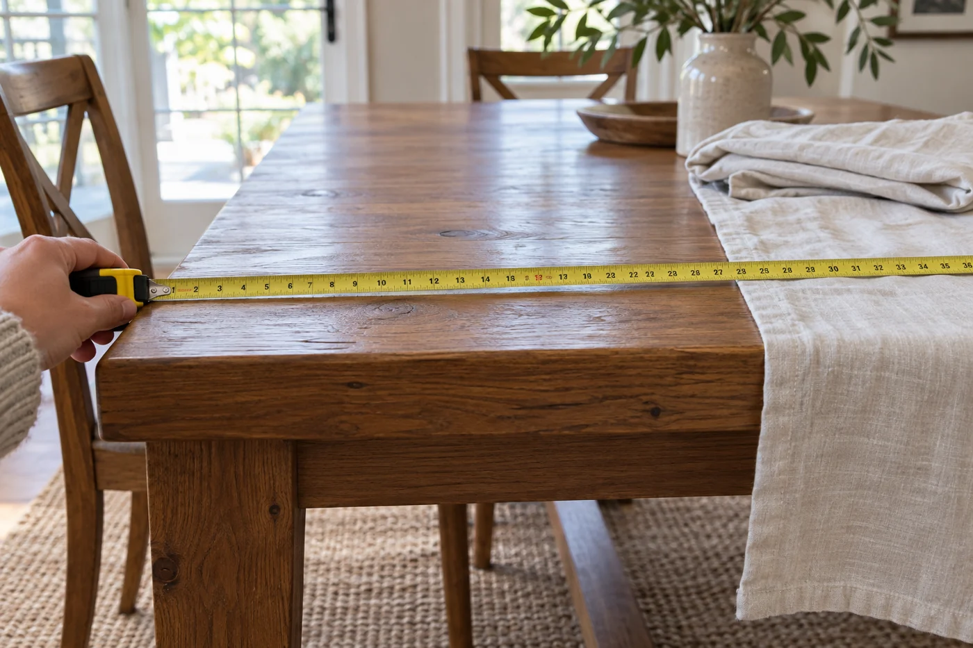Measuring a dining table beside a folded tablecloth