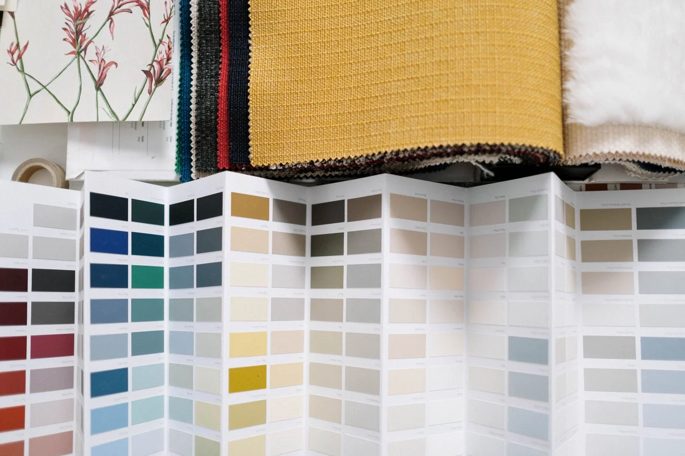 Fabric and colour samples on a flat surface