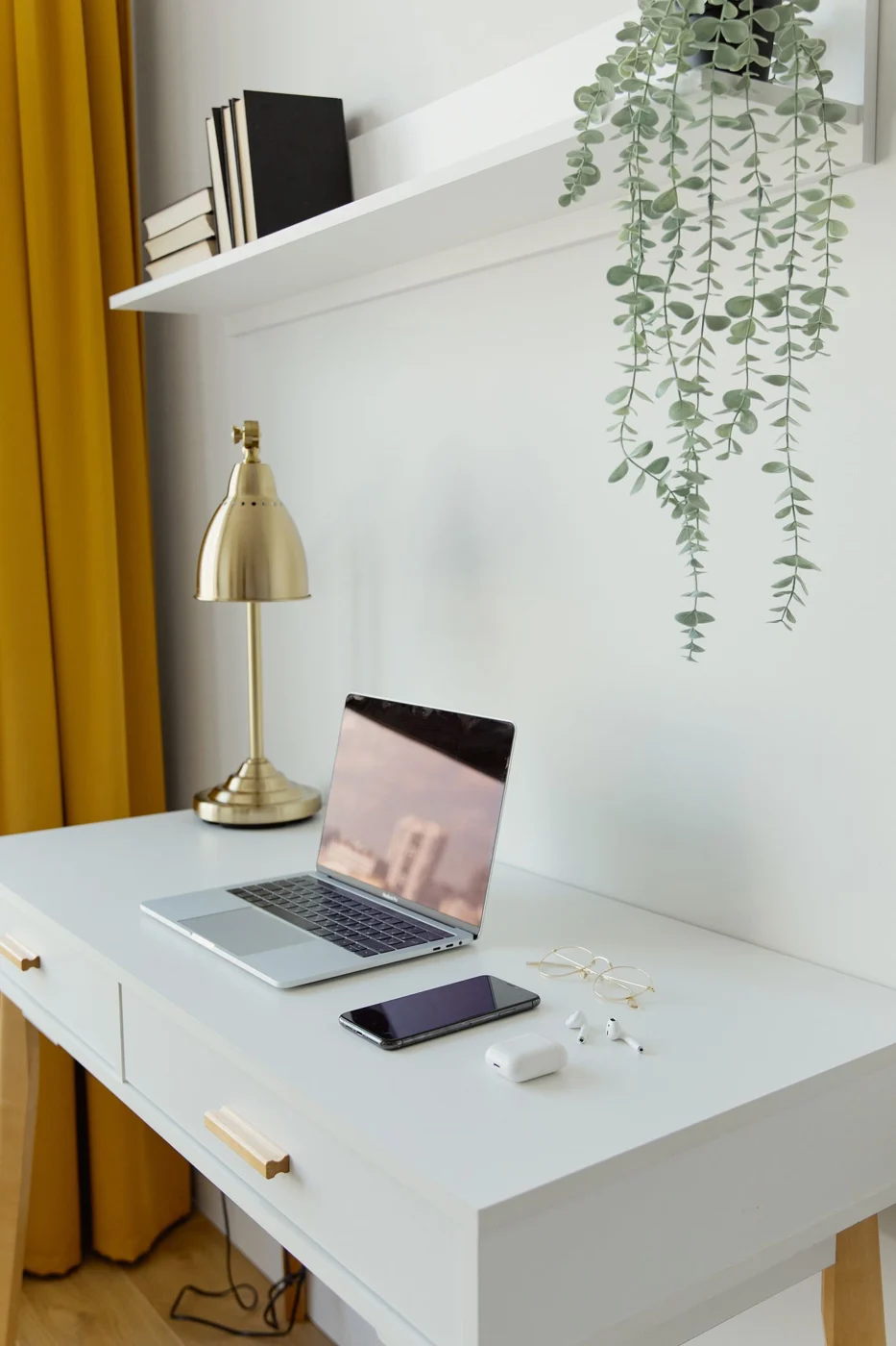 Desk surface with computer equipment and open working space