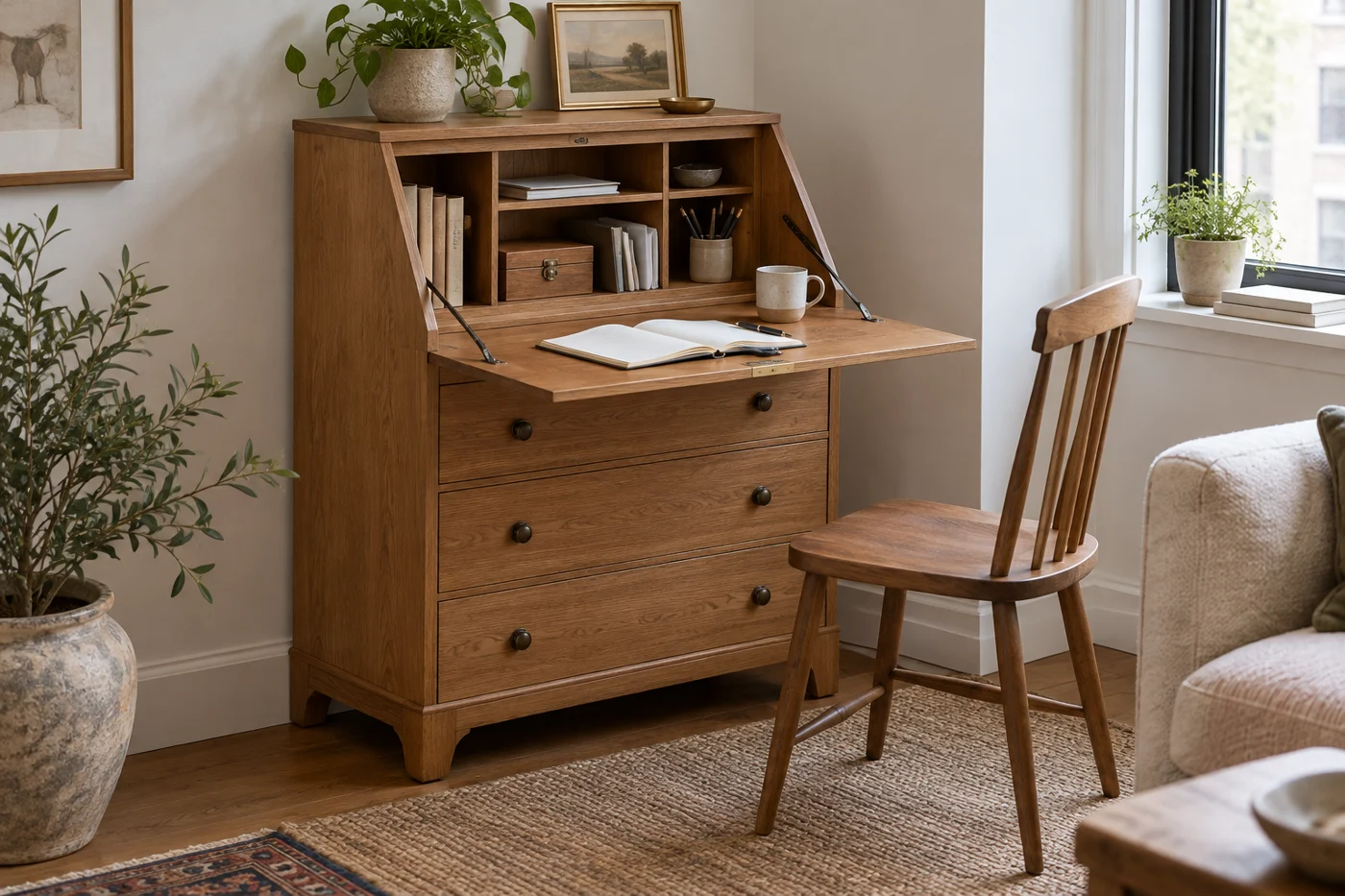 Compact drop-front bureau with its writing surface open