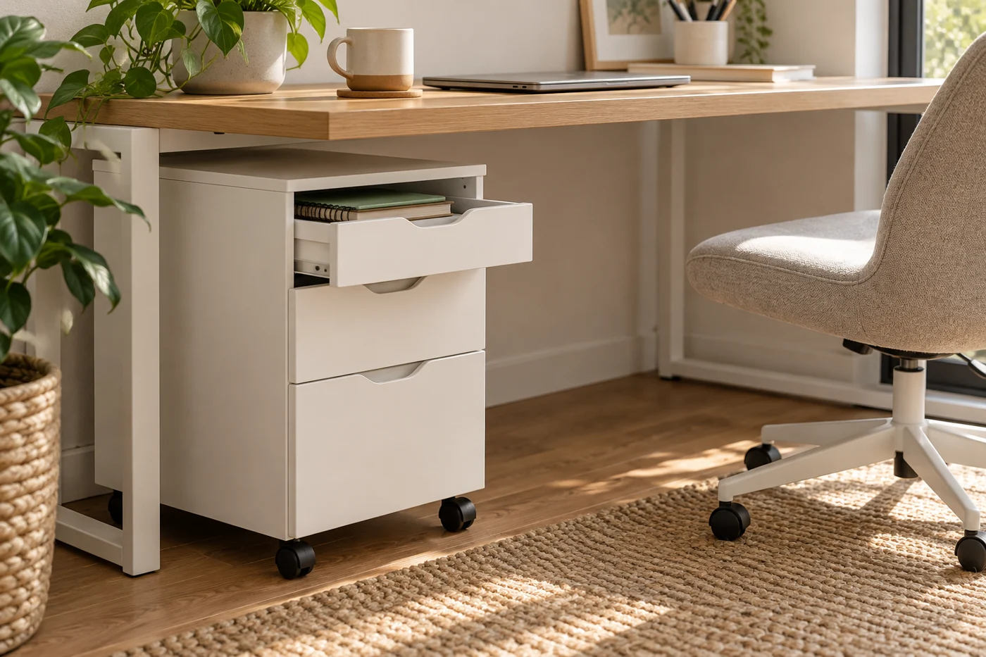 Mobile drawer pedestal with caster wheels beside a desk