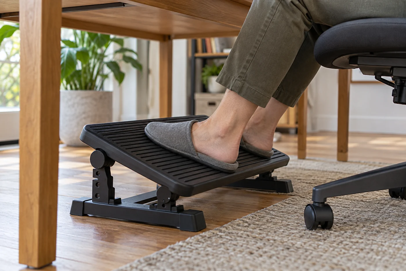 Adjustable footrest supporting feet beneath a desk
