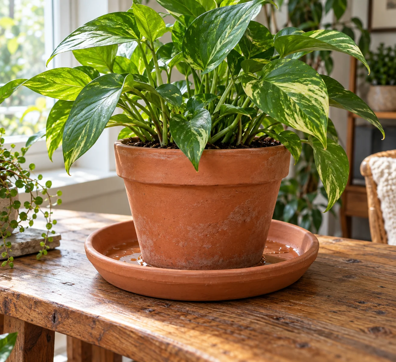 Terracotta plant pot resting in a separate water-catching saucer