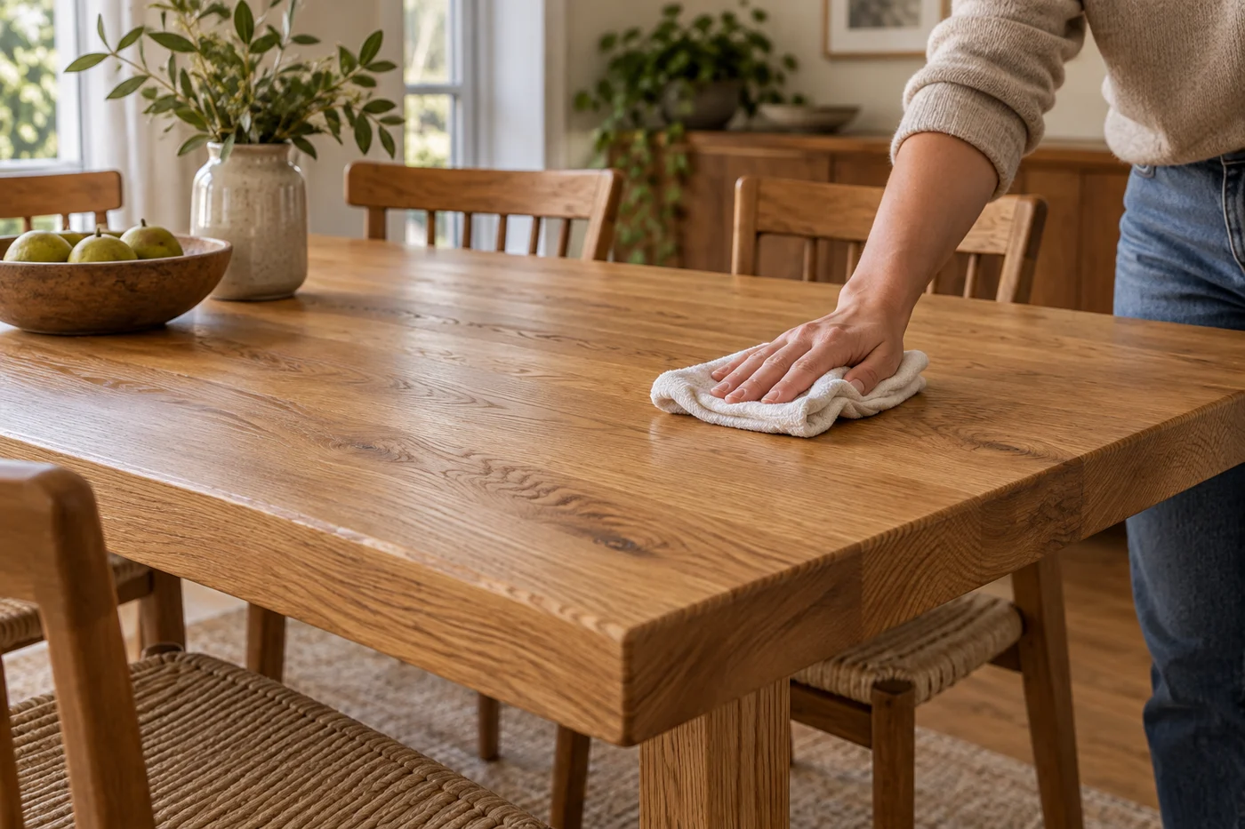 Wiping an oiled oak dining table with a dry cloth