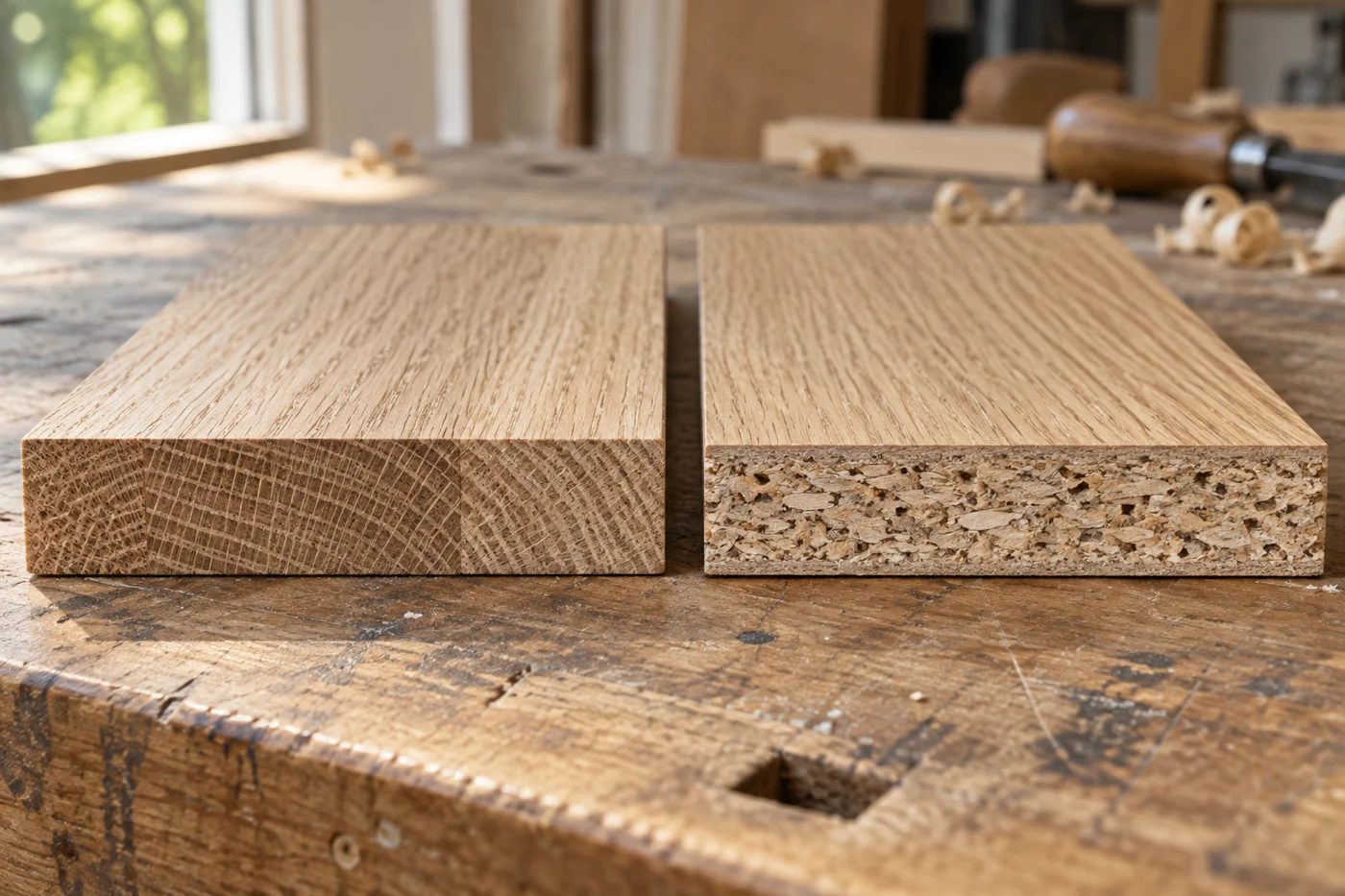 Solid wood and veneered particleboard samples showing their edges