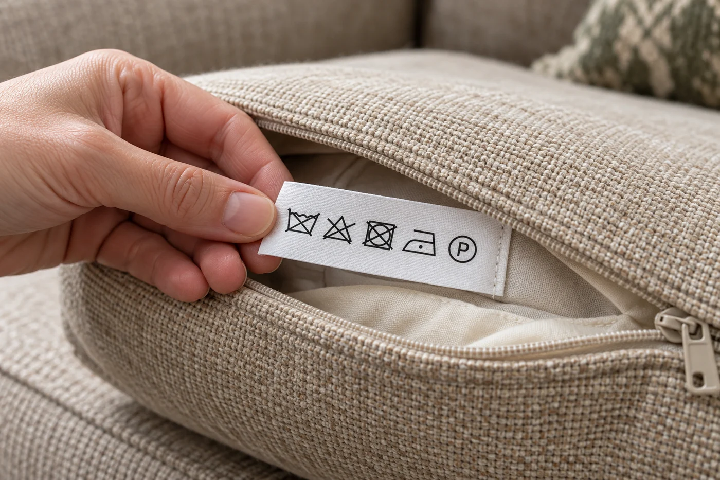 Care label inside the seam of a sofa cushion cover