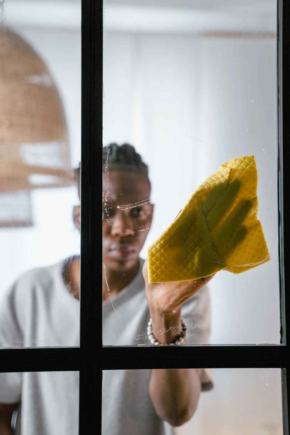 Glass wiped with a soft cleaning cloth