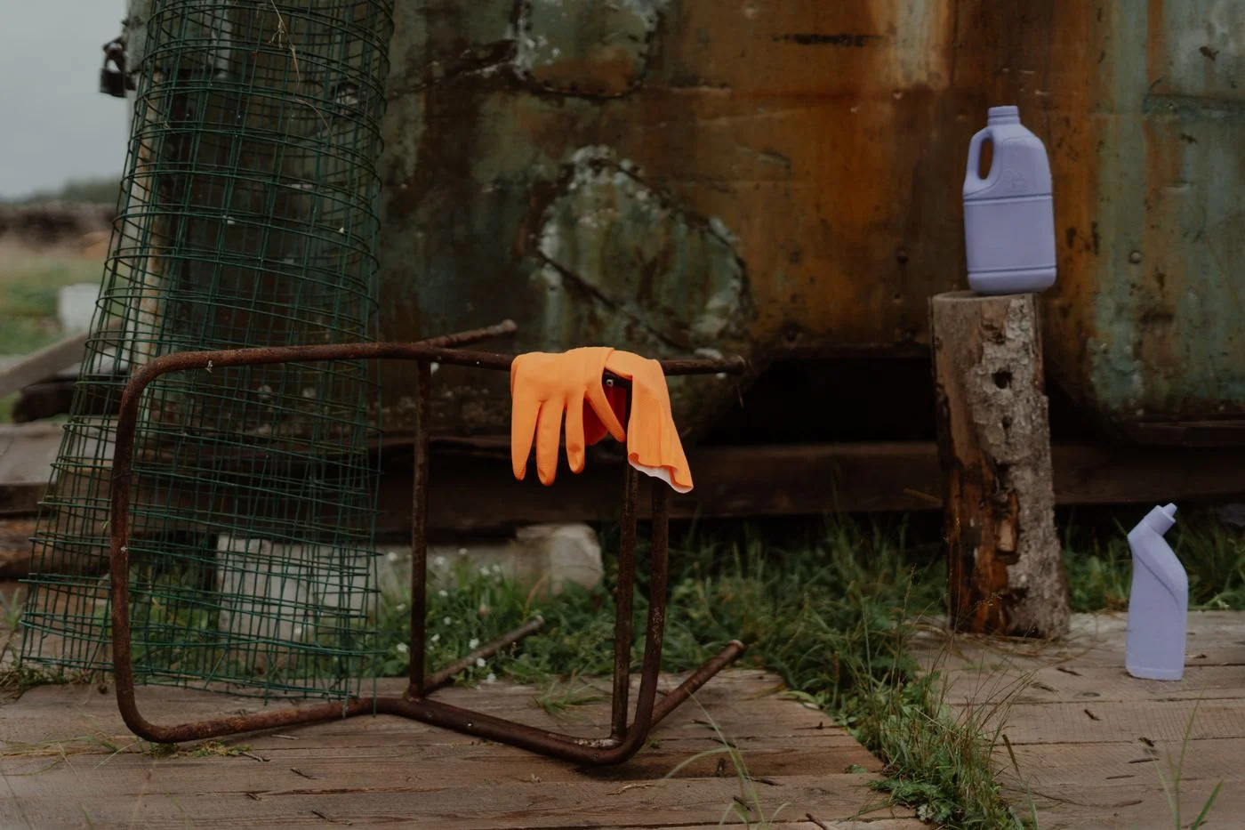 Outdoor chair with cleaning gloves and supplies