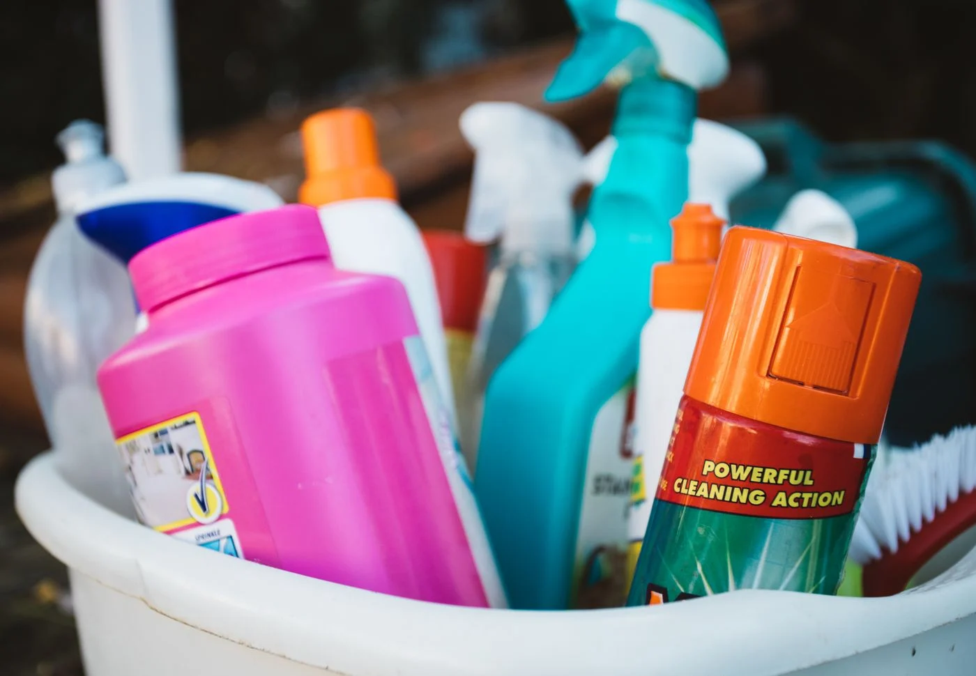 Cleaning products collected in a bucket