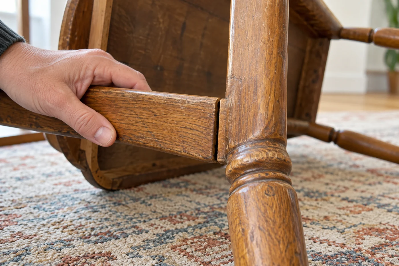 Small gap at a wooden chair joint being inspected